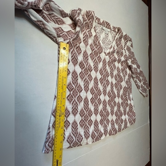 Pure Jill Ikat print top knit tunic white & mauve 3/4 sleeve top Sz-Petite XS E2 - Picture 8 of 10